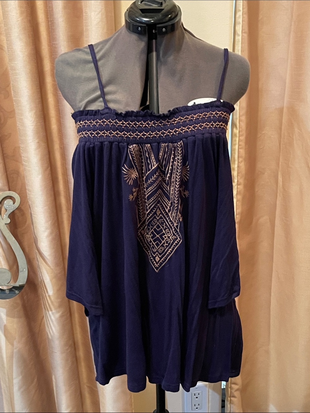 NWT Forgotten Grace 2in 1 Navy Embroidered Smocked Strap Blouse (XL)